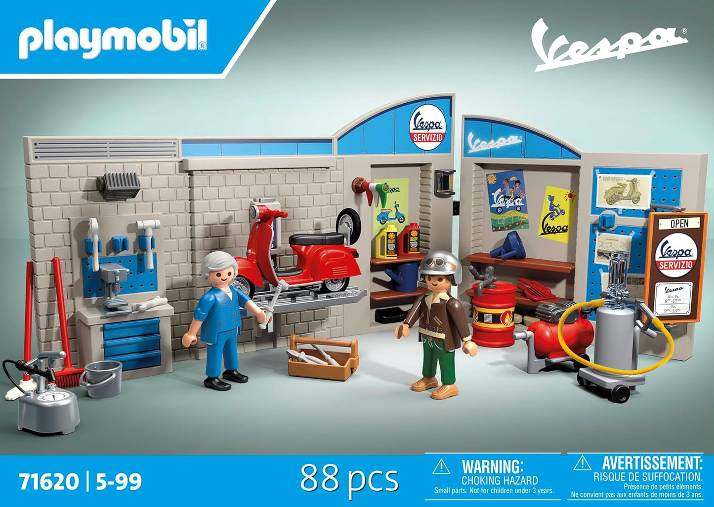 Playmobil Carros 71620: Garagem Vespa dos anos 60, incluindo plataforma elevatória móvel, com acessórios versáteis para uma oficina autêntica, para entusiastas de veículos, crianças e adultos