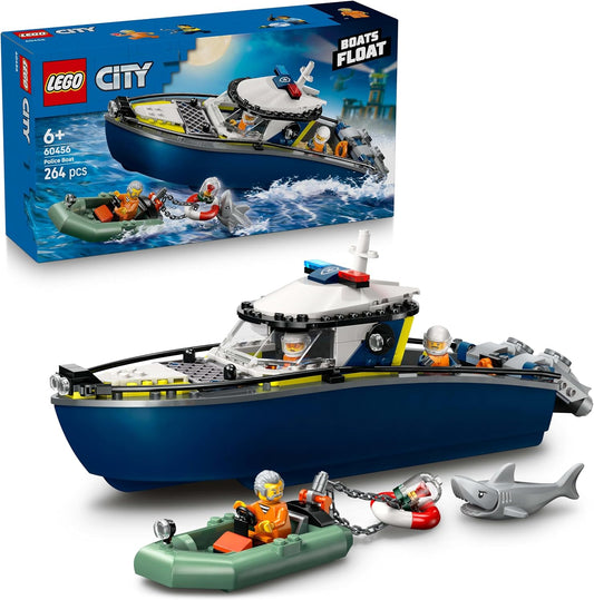LEGO Conjunto de Perseguição de Barco Policial City - inclui 2 barcos de brinquedo, 3 minifiguras e um tubarão - Presente para meninos e meninas a partir de 6 anos - 60456