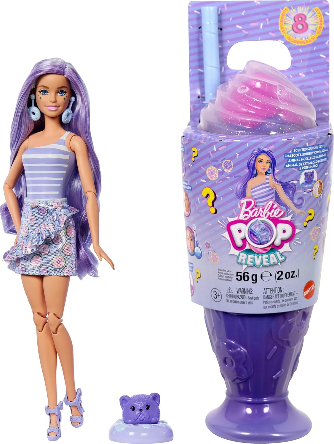 Barbie Pop Reveal Series - Boneca Fashion e Acessórios, Série Treat, Tema Donut Dreams com Animal de Estimação, 8 Surpresas Incluindo Mudança de Cor, JFY60
