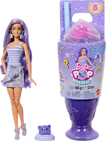 Barbie Pop Reveal Series - Boneca Fashion e Acessórios, Série Treat, Tema Donut Dreams com Animal de Estimação, 8 Surpresas Incluindo Mudança de Cor, JFY60