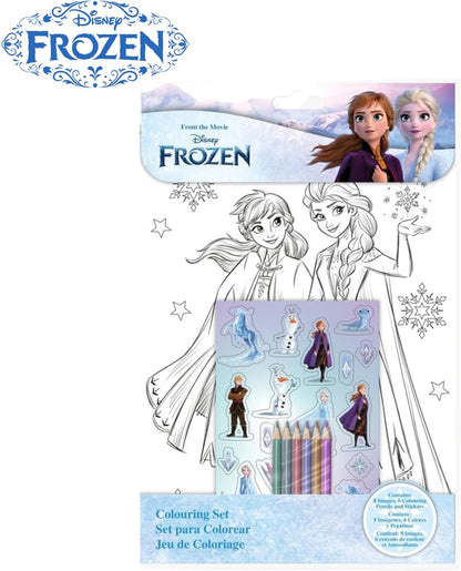 Conjunto de colorir Disney Frozen com 15 peças para crianças – 8 folhas para colorir, 6 lápis e adesivos reutilizáveis – Kit de atividades da Elsa e da Anna – Presente de arte e artesanato para viagens para meninas a partir de 3 anos