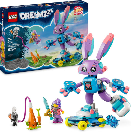 LEGO DREAMZzz 2 em 1 Izzie e Bunchurro, a figura do coelhinho do jogo, brinquedo de animal de fantasia para meninos e meninas de 7 anos ou mais, com skate e minifigura para brincadeiras imaginativas, presente de aniversário