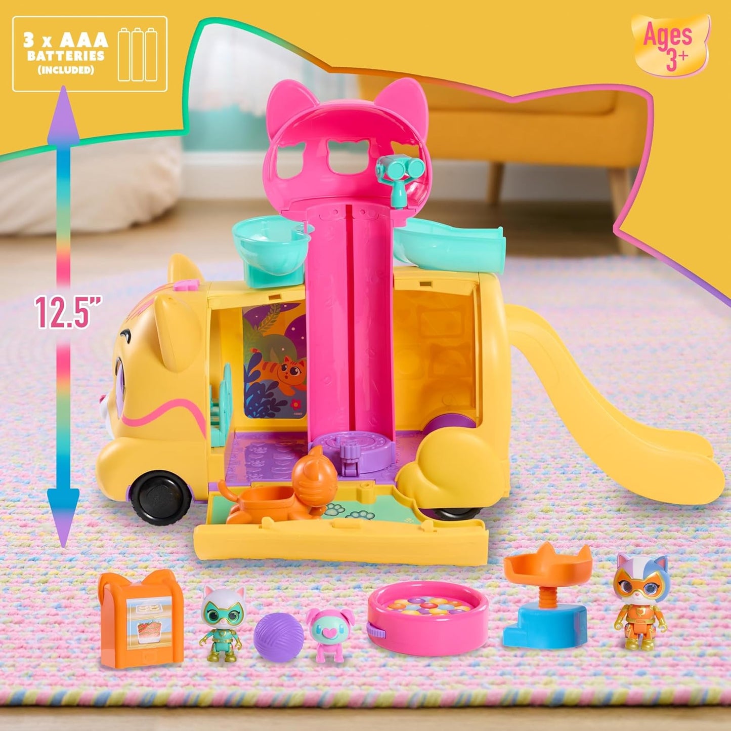 Just Play Disney Conjunto de brinquedos Junior SuperKitties Purr ‘N’ Go com luzes e sons, 10 peças, figuras articuladas, brinquedo infantil para crianças a partir de 3 anos.