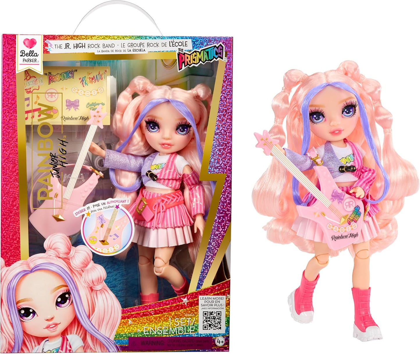 Rainbow High Junior High Rock Band - Bella, Rosa - Boneca Fashion de 23cm com Baixo, Personalizável com Adesivos, Articulada, Brinquedo Fofo para Crianças a partir de 4 Anos