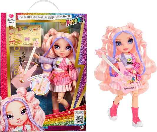 Rainbow High Junior High Rock Band - Bella, Rosa - Boneca Fashion de 23cm com Baixo, Personalizável com Adesivos, Articulada, Brinquedo Fofo para Crianças a partir de 4 Anos