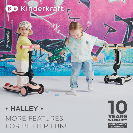 Kinderkraft Scooter Halley 2 em 1 para crianças de 1+ anos até 50 kg, scooter de 3 rodas, bicicleta de equilíbrio, fácil de dobrar, 2 rodas dianteiras piscantes, guidão ajustável, fácil de manusear, pesa apenas 3 kg, branco