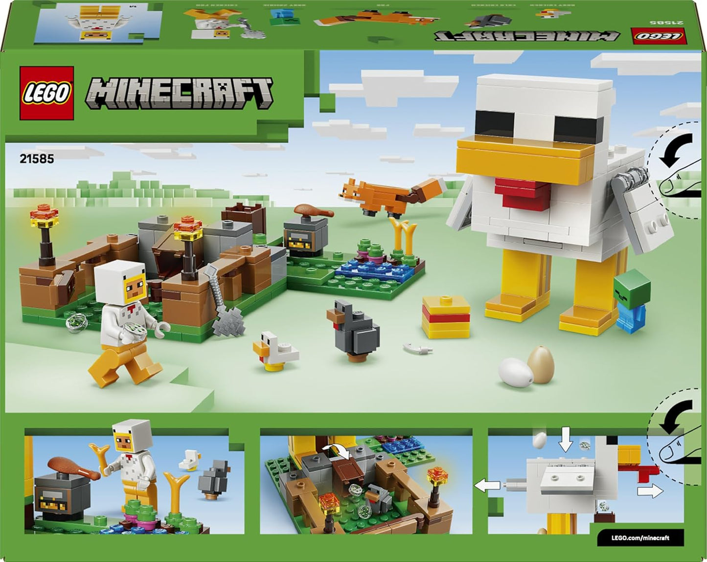 LEGO Minecraft Fazenda de Galinhas - Brinquedo de Construção com Minifigura de Galinha Fã, Zumbi Bebê e Raposa - Presente para Jogadores a partir de 7 Anos - 21585