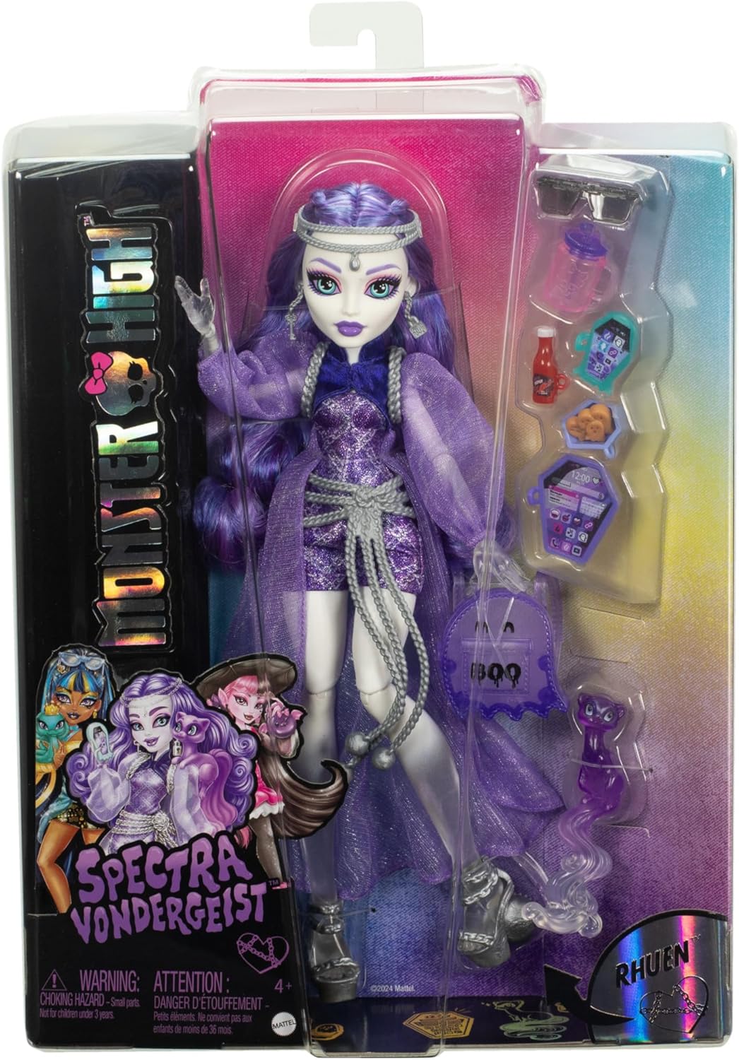 Monster High Boneca Spectra Vondergeist com seu furão de estimação Rhuen e acessórios como mochila, tablet, lanches e muito mais, HXH77