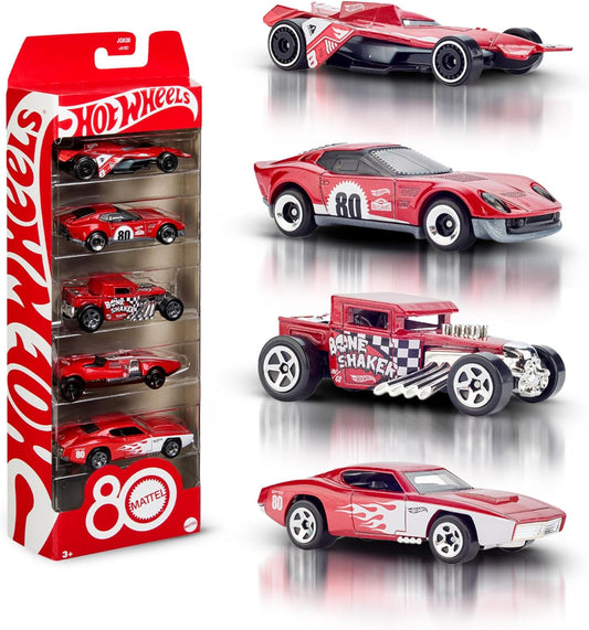 Hot Wheels Carrinhos, Pacote com 5 Carrinhos em Escala 1:64 com Decoração e Embalagem Colecionáveis, Conjunto Comemorativo do 80º Aniversário da Mattel com 5 Veículos, JGK08