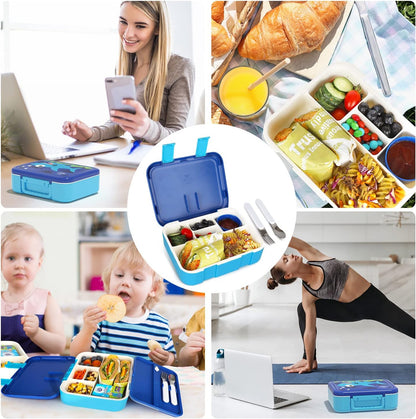 Lehoo Castle Lancheira infantil Bento, lancheira com 5 compartimentos, recipientes de almoço de 1,25L com pote de molho, colher e garfo para meninos e meninas, escola, à prova de vazamentos, sem BPA (dinossauro)