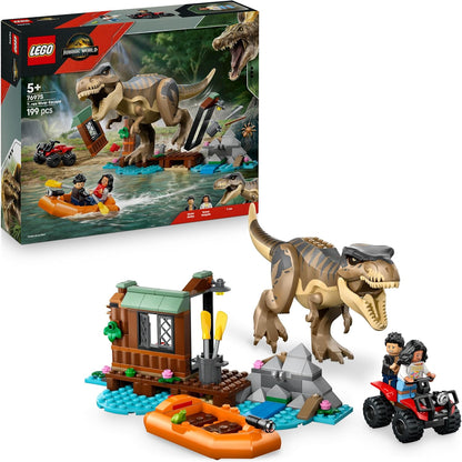 LEGO Jurassic World Fuga do T. rex no Rio - Brinquedo Interativo de Dinossauro - Inclui uma Figura de Dinossauro, Barco de Brinquedo, Quadriciclo e 2 Minifiguras - Presente para Meninos e Meninas a partir de 5 Anos - 76975