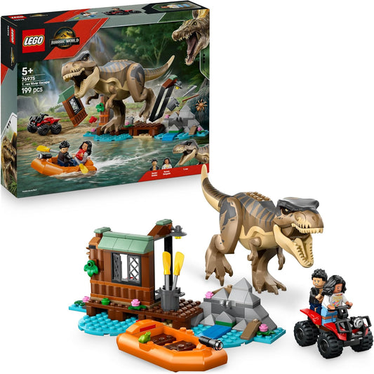 LEGO Jurassic World Fuga do T. rex no Rio - Brinquedo Interativo de Dinossauro - Inclui uma Figura de Dinossauro, Barco de Brinquedo, Quadriciclo e 2 Minifiguras - Presente para Meninos e Meninas a partir de 5 Anos - 76975