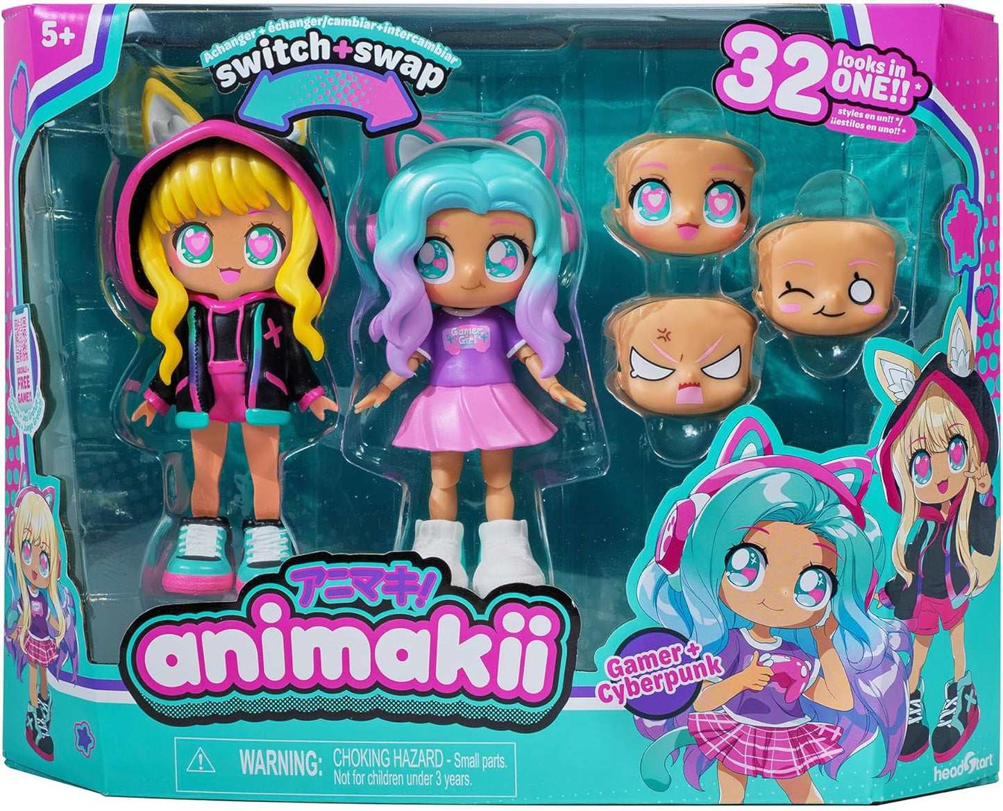 Bonecas Fashion Animakii – Estilo Cyberpunk + Gamer Personalizável – Boneca Fashion de 12,7 cm com 32 Looks em Uma – Acessórios, Roupas, Sapatos e Placas Faciais – Brinquedos da Moda para Meninas (APENAS 1 BONECA INCLUÍDA)