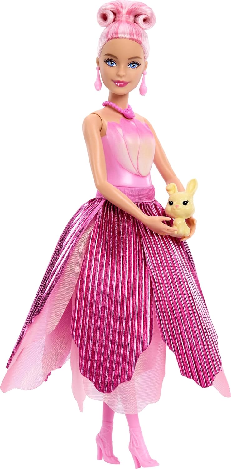 Barbie Petal Pop com aroma de boneca, vestido rosa de tulipa e acessórios, buquê revelado com coelhinho de estimação e surpresas como regador, colar e brincos, JMF57
