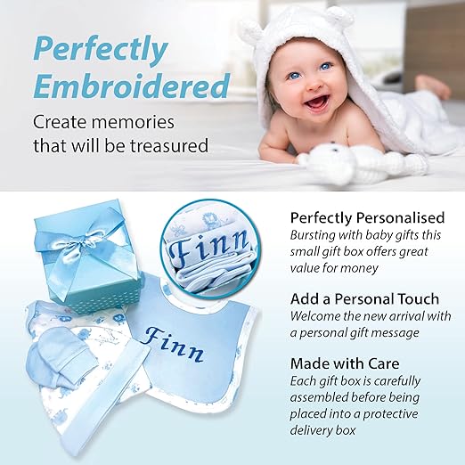 ellabellaboo Presentes personalizados para bebês da – A pequena caixa de presente contém 1 babador personalizado. Outras roupas essenciais para bebês incluem um body, um chapéu e luvas anti-arranhões.