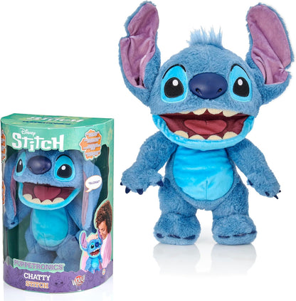 WOW! STUFF Disney Chatty Stitch Deluxe, Puppetronic Stitch, Marionete Animatrônica, Mais de 50 combinações de ação e som, 30 cm/12 polegadas de altura, Idades de 6 a adulto, Azul