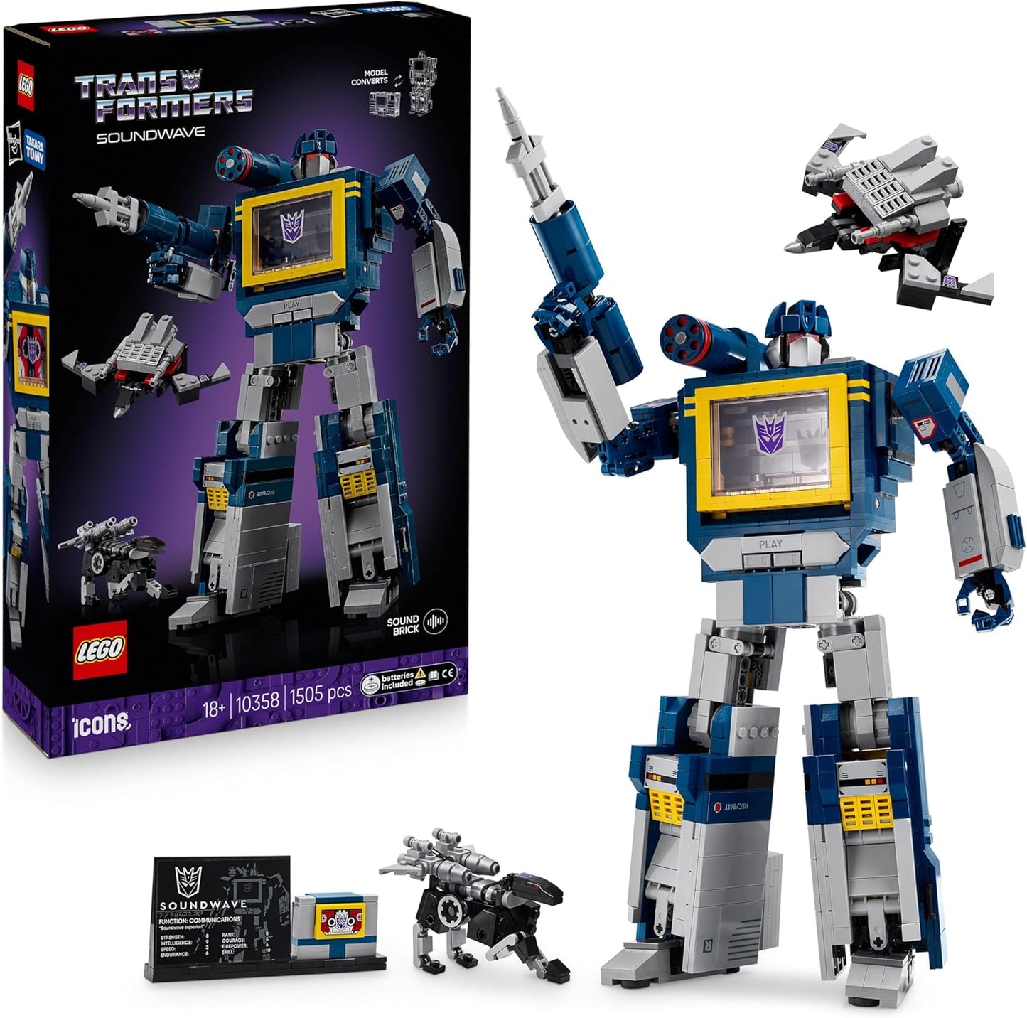 LEGO Icons Transformers: Conjunto Soundwave para Adultos - Kit de Modelo para Exibição com Figuras Conversíveis, incluindo Laserbeak e Ravage, além de um Bloco Sonoro - Presente Colecionável para Fãs - 10358