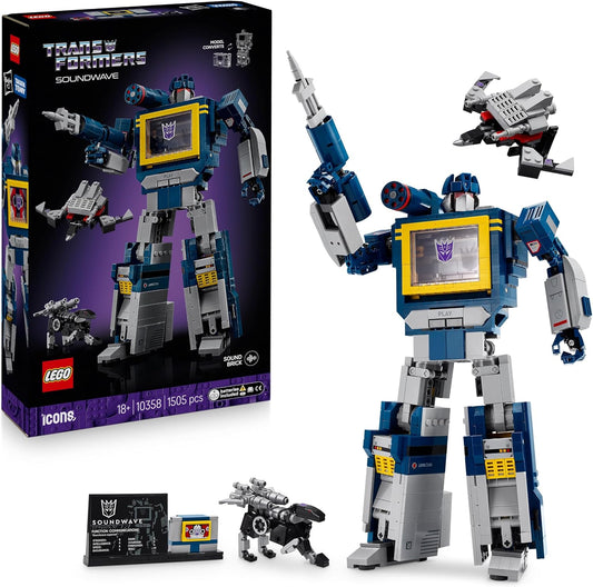 LEGO Icons Transformers: Conjunto Soundwave para Adultos - Kit de Modelo para Exibição com Figuras Conversíveis, incluindo Laserbeak e Ravage, além de um Bloco Sonoro - Presente Colecionável para Fãs - 10358