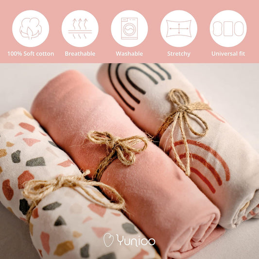 YUNIOO™ Pacote com 3 lençóis ajustáveis para berço, lençóis ajustáveis para moisés, também para carrinhos de bebê, berços, carrinhos de bebê, trocadores e capas para trocadores. 100% algodão macio, adequado para diferentes colchões. 80 x 40 cm
