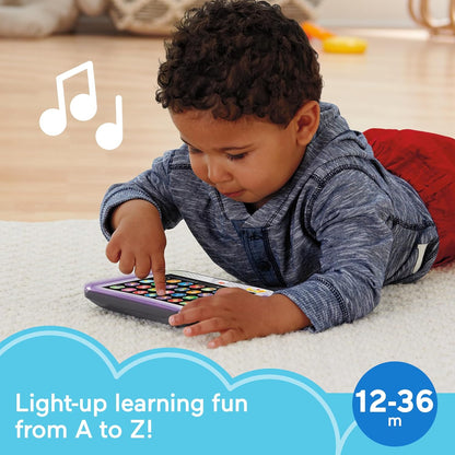 Brinquedo educativo Fisher-Price Tablet de faz de conta para crianças pequenas com luzes, música e conteúdo inteligente, cinza, versão em inglês do Reino Unido (Laugh & Learn), CDG33