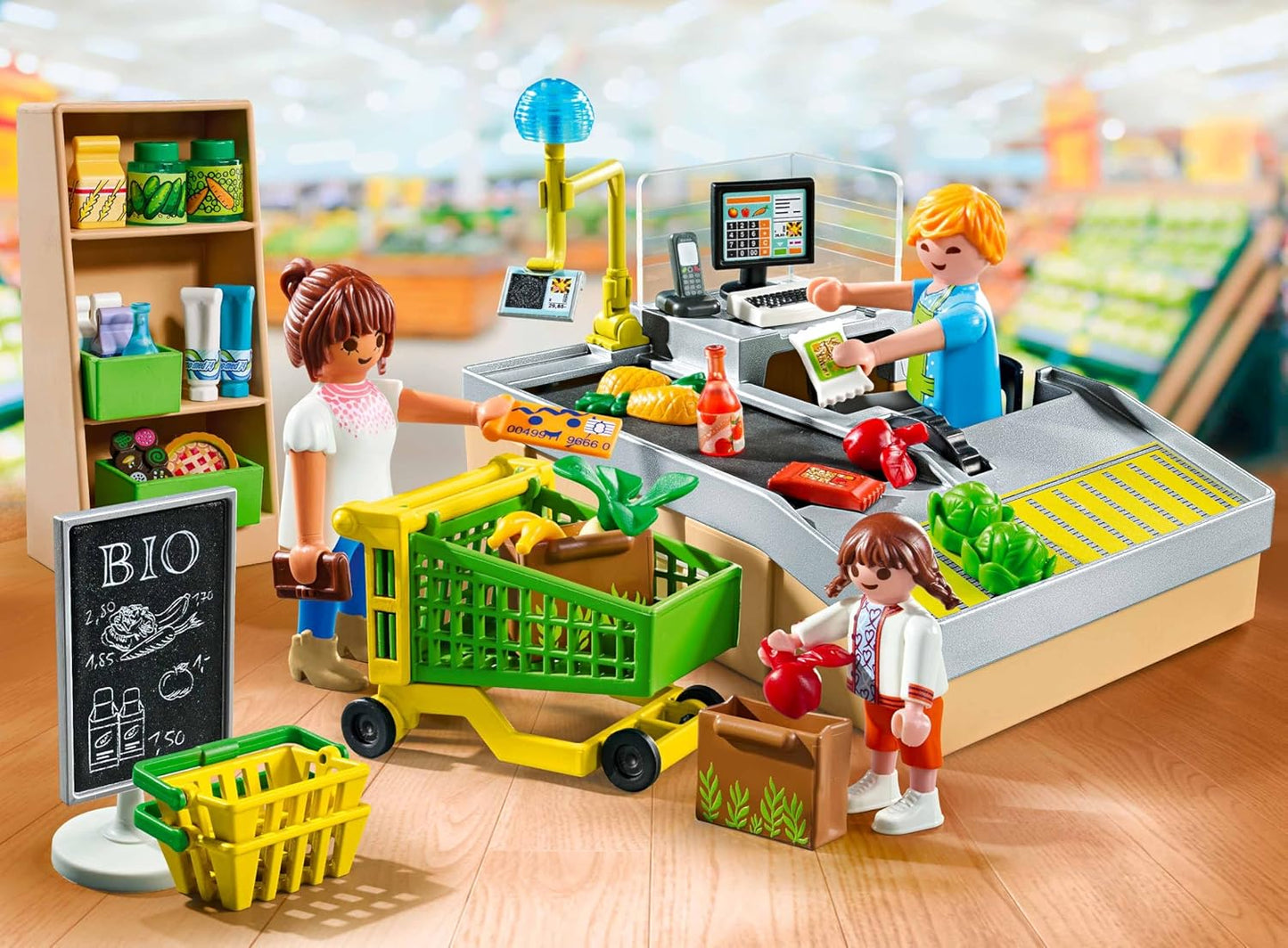 Playmobil 71648 MyLife: pacote promocional de supermercado orgânico, incluindo caixa com esteira transportadora, carrinho de compras e três figuras, conjuntos de jogos detalhados adequados para crianças de 4 anos ou mais