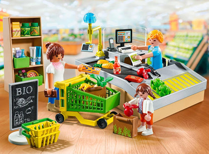 Playmobil 71648 MyLife: pacote promocional de supermercado orgânico, incluindo caixa com esteira transportadora, carrinho de compras e três figuras, conjuntos de jogos detalhados adequados para crianças de 4 anos ou mais