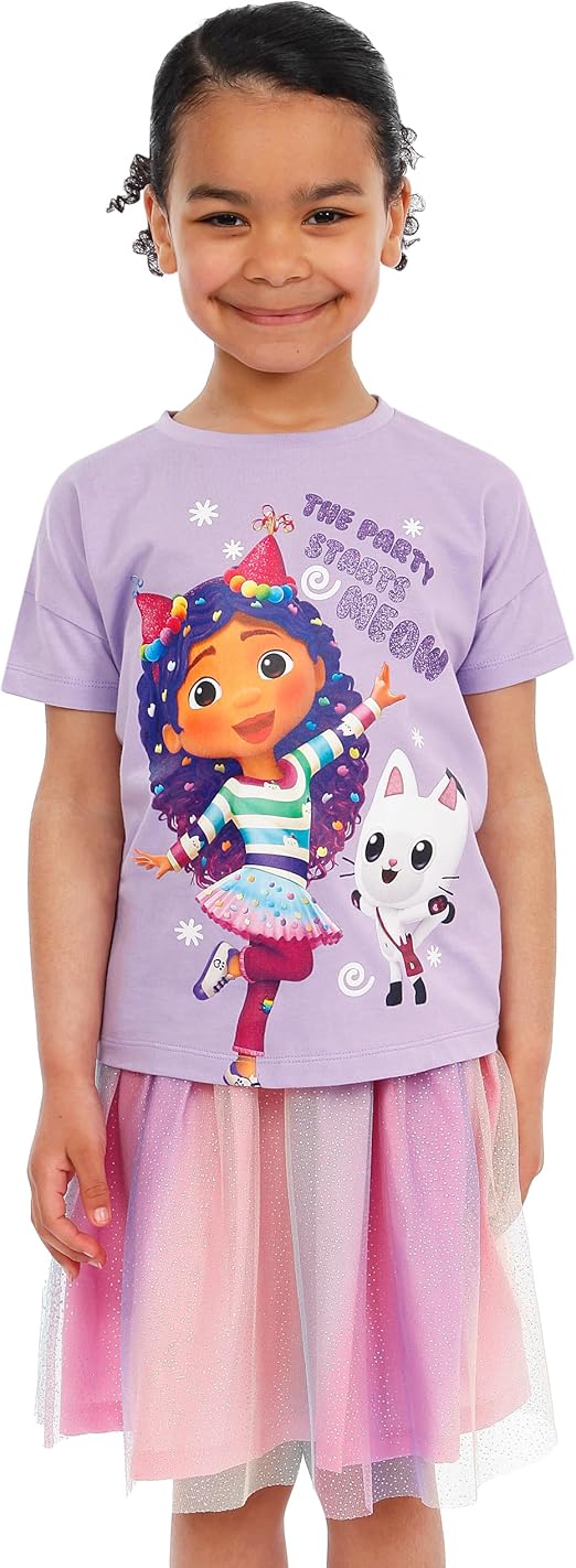 DREAMWORKS GABBY'S DOLLHOUSE Conjunto de camiseta e saia de tule para meninas | Roupa de festa para meninas | Conjunto de verão | Idades de 3 a 10 anos