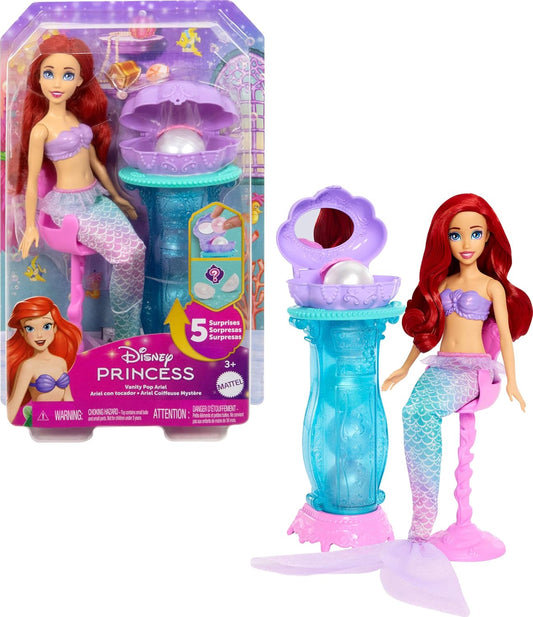 Mattel Boneca Disney Princesas Ariel (Sereia) e Penteadeira Surpresa | O conjunto inclui boneca Ariel articulada com cauda removível, penteadeira com cadeira, 5 pérolas "pop-up" reutilizáveis e 5 acessórios – JBF86