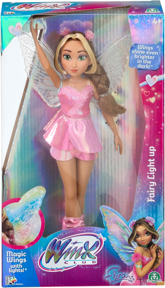 Winx Boneca Fairy com Asas Iluminadas – Flora com Roupa Brilhante e Asas Luminosas – Boneca Fashion de 27 cm com Membros Articulados – Asas Iluminadas Interativas para Brincadeiras