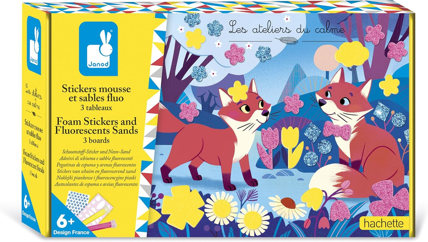Janod - Adesivos de espuma e areia fluorescente - 3 quadros - Tema animais da floresta - Les Ateliers Du Calme - Kit de lazer criativo infantil - Concentração