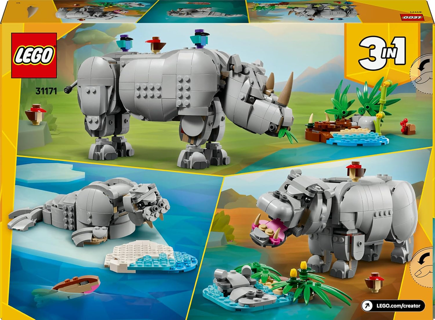 LEGO Creator 3 em 1 Animais Selvagens: Rinoceronte Majestoso com Pássaros - Figura de Animal que se Transforma em um Modelo de Hipopótamo ou uma Morsa - Presente Criativo para Meninas e Meninos a partir de 9 Anos - 31171