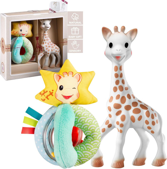 Sophie la girafe Conjunto de presente Sophiesticated Original com mordedor macio e chocalho sensorial, brinquedo de dentição para bebês 100% em borracha natural, caixa de presente com sacola e cartão.