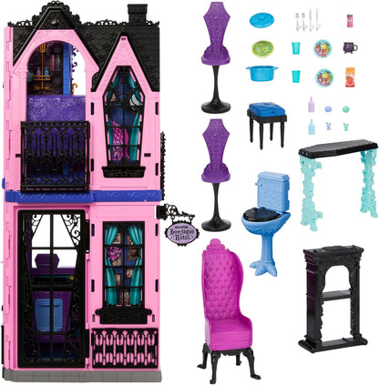 Monster High Casa de bonecas Boo-tique Hotel, conjunto dobrável com surpresas assustadoras em todos os cômodos e mais de 13 peças, incluindo móveis e acessórios, JBF16