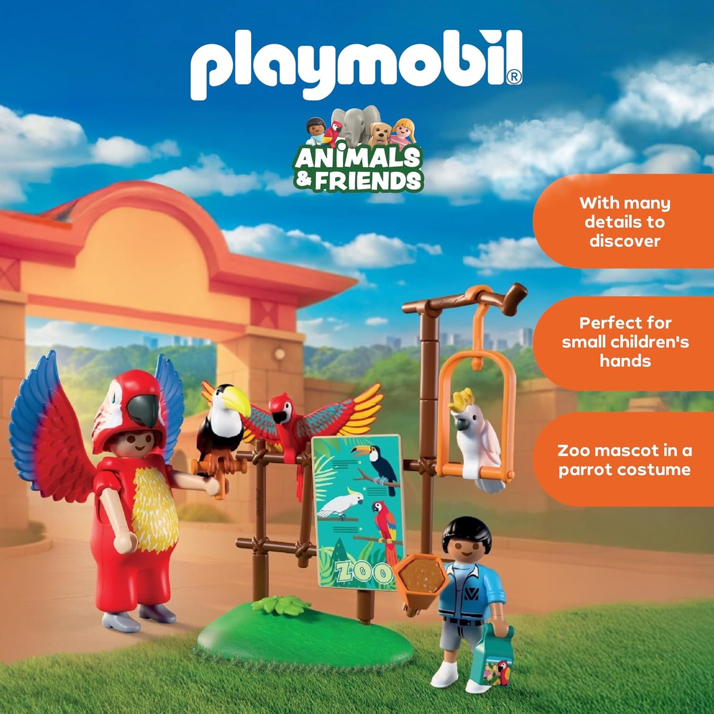 Playmobil | Animais e Amigos | Mascote do Zoológico | Homem fantasiado de papagaio com 3 aves tropicais | brinquedo infantil para crianças a partir de 4 anos | 72074