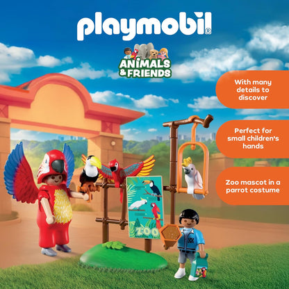 Playmobil | Animais e Amigos | Mascote do Zoológico | Homem fantasiado de papagaio com 3 aves tropicais | brinquedo infantil para crianças a partir de 4 anos | 72074