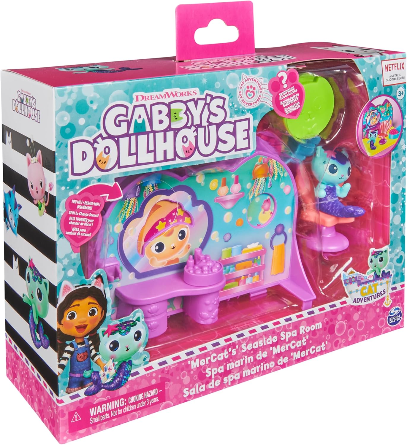 DreamWorks Gabby’s Dollhouse, Conjunto de Spa da MerCat, com figura da MerCat, brinquedos surpresa e mobília de casa de bonecas. Brinquedo infantil para meninas e meninos a partir de 3 anos.