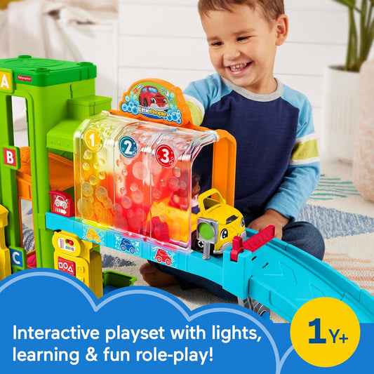 Fisher-Price Garagem para carros Little People com conteúdo Smart Stages, garagem de aprendizagem iluminada, inglês britânico, para crianças de 1 a 3 anos, presente para meninos e meninas, HRB33, multicolorida