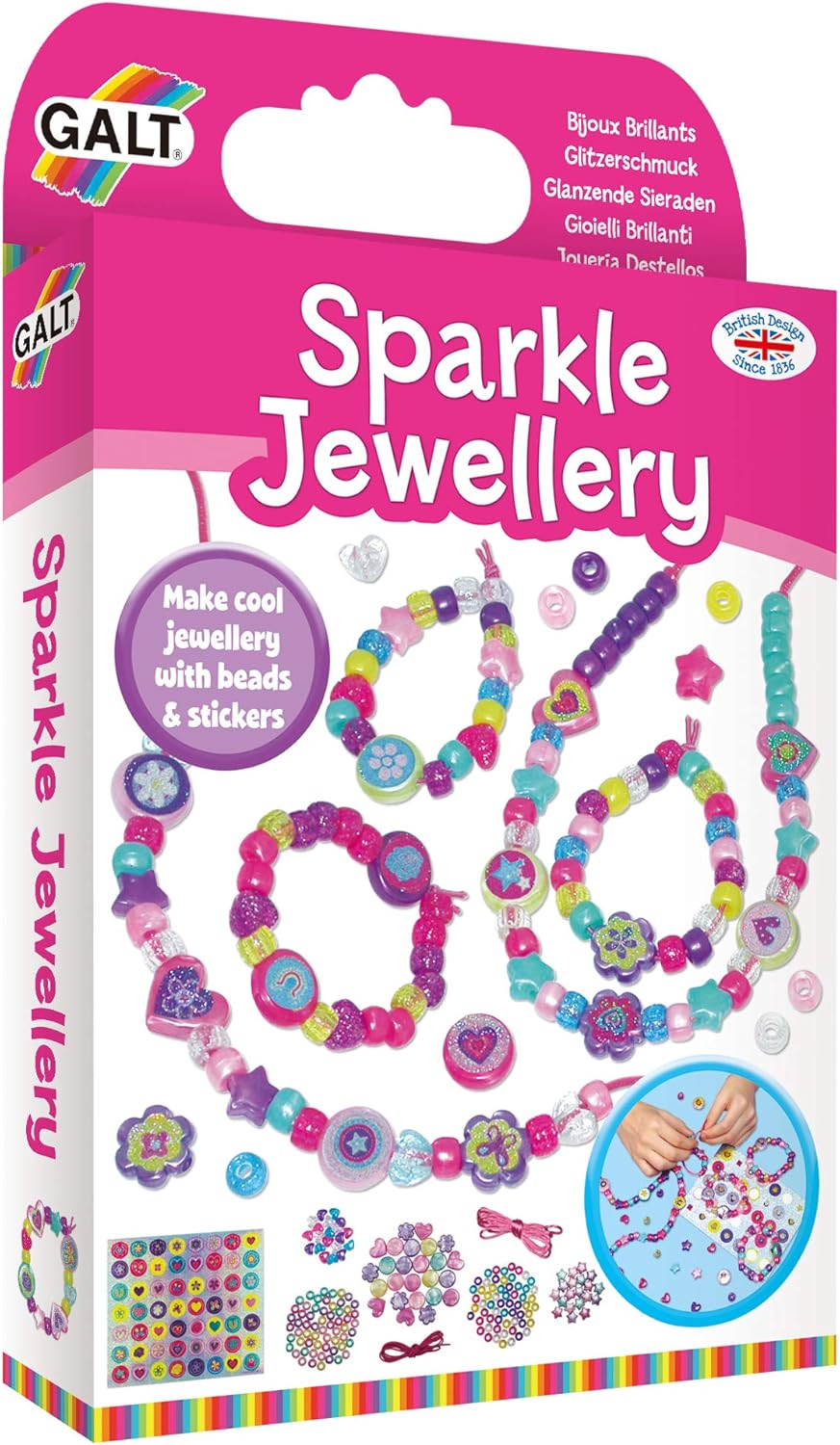 Galt Sparkle Jewellery - Kit de artesanato para fazer colares e pulseiras infantis - Pacote de atividades divertidas com miçangas coloridas e adesivos, estimula a criatividade e as habilidades motoras - A partir de 5 anos