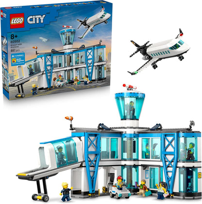 LEGO City Aeroporto com Avião - Kit de Modelo em Miniatura com Terminal, Avião, Caminhão Reboque, Ponte, 9 Minifiguras e Acessórios - Ideia de Presente de Aniversário para Meninos a partir de 8 Anos - 60502