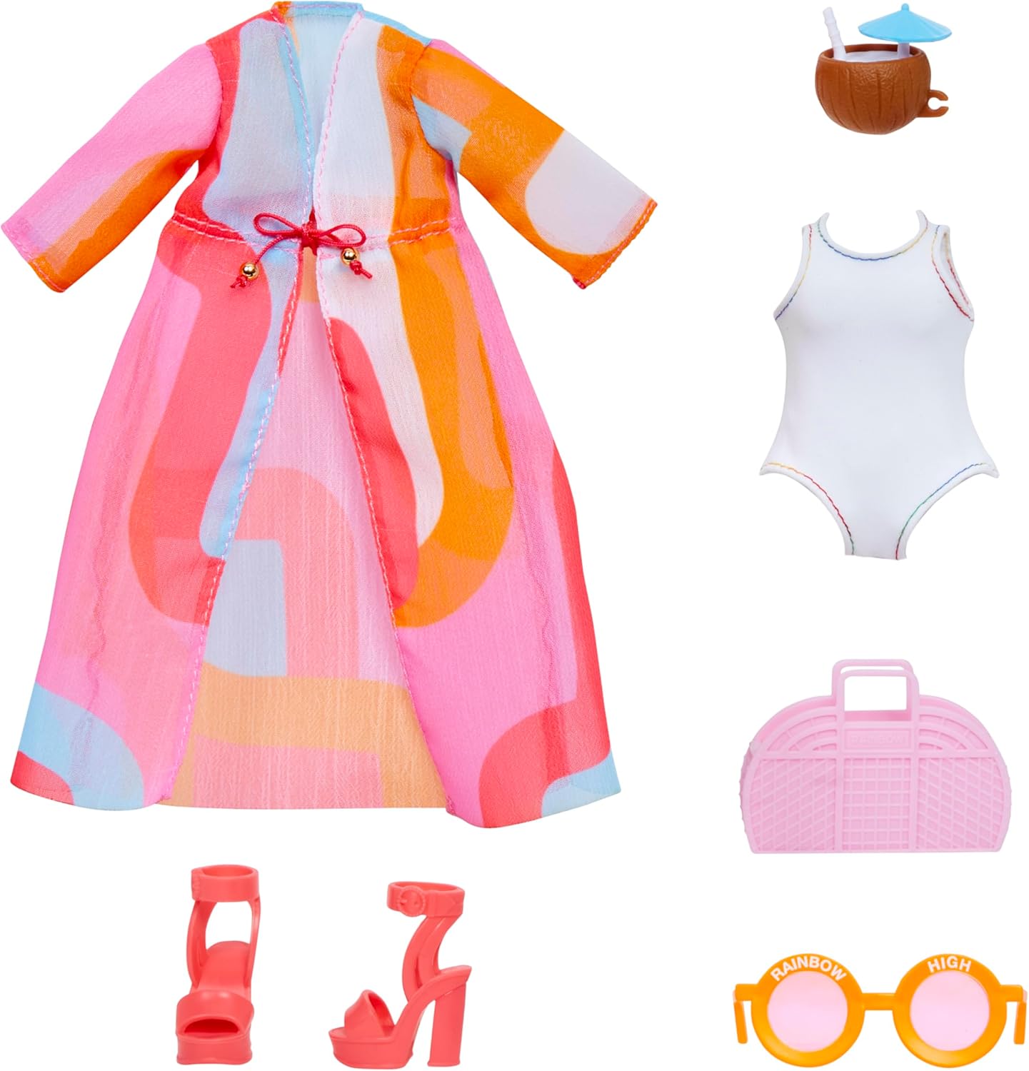 O Pacote Rainbow High Fashion, Tema Piscina, inclui 1 roupa completa para piscina, sapatos, joias e acessórios para brincar. Combine com outros pacotes para criar muita diversão. Brinquedo infantil para crianças a partir de 4 anos.
