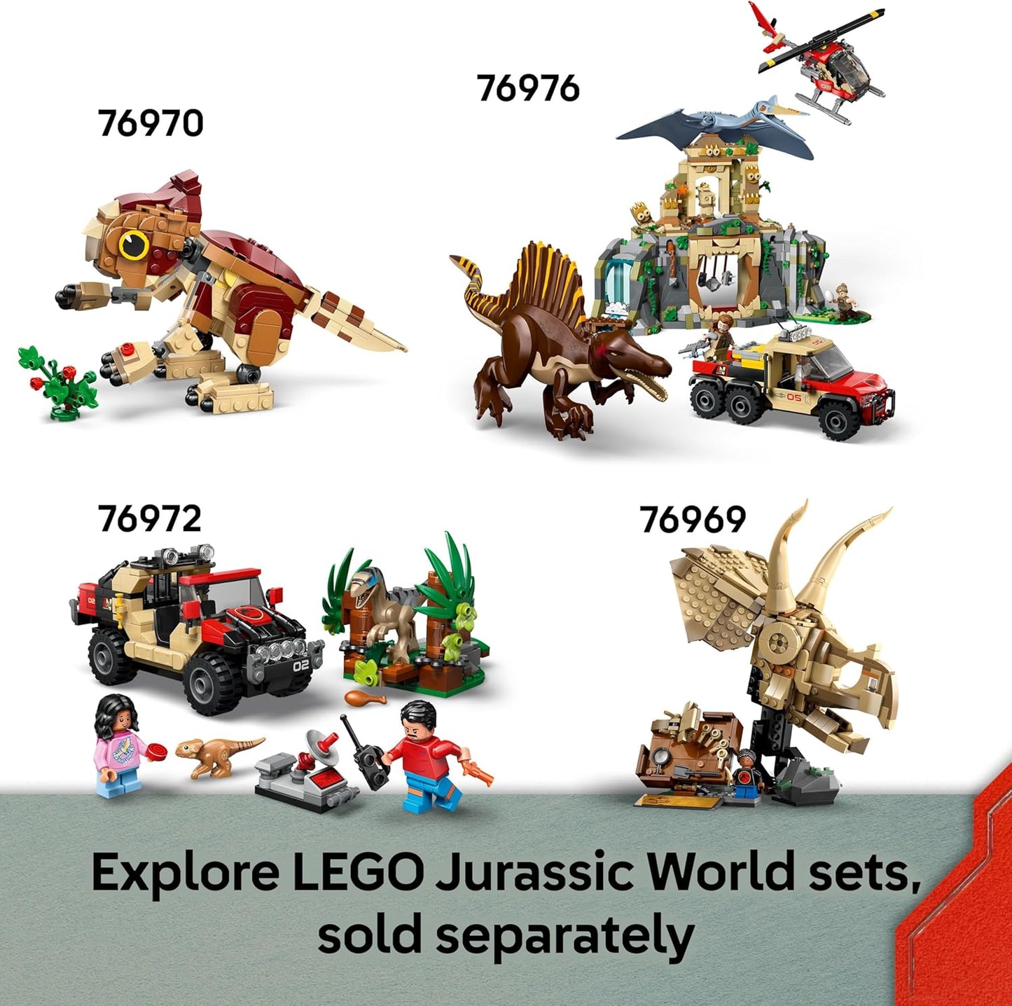 LEGO Jurassic World Missão de Rastreamento de Raptor e Titanossauro - Brinquedo de Dinossauro com 3 Minifiguras, Carro Off-Road e Moto - Presente para Meninos e Meninas a partir de 7 Anos - 76973