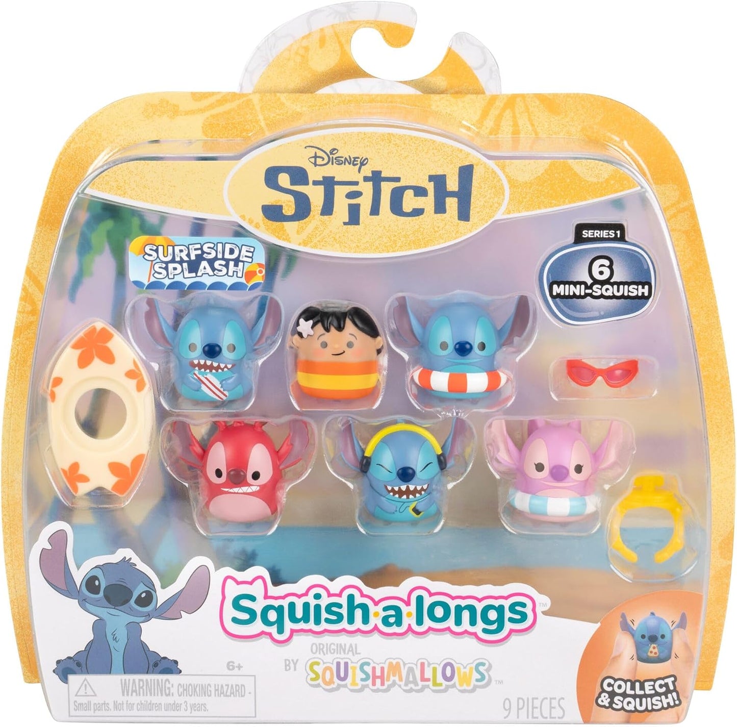 Squish-a-longs Pacote com 6 Mini-Squish + Acessório Disney Stitch (Surfside Splash)