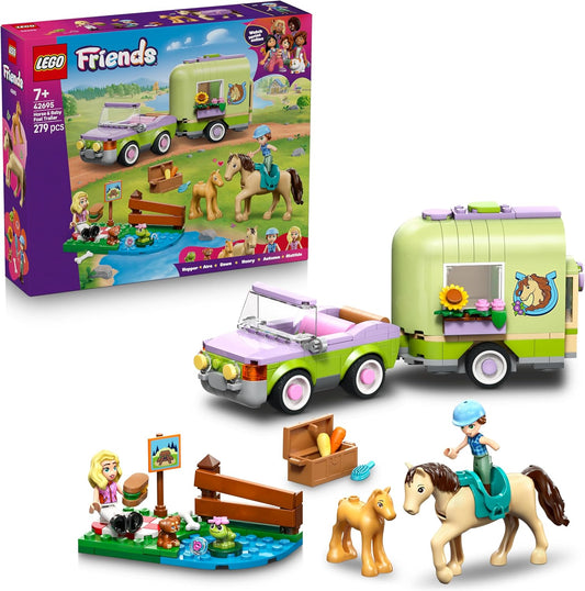 LEGO Friends Reboque para Cavalo e Potro - Conjunto de Brinquedo com Acessórios de Higiene, 4 Figuras de Animais, Carro e 2 Mini Bonecas - Ideia de Presente de Aniversário para Meninas a partir de 7 Anos - 42695