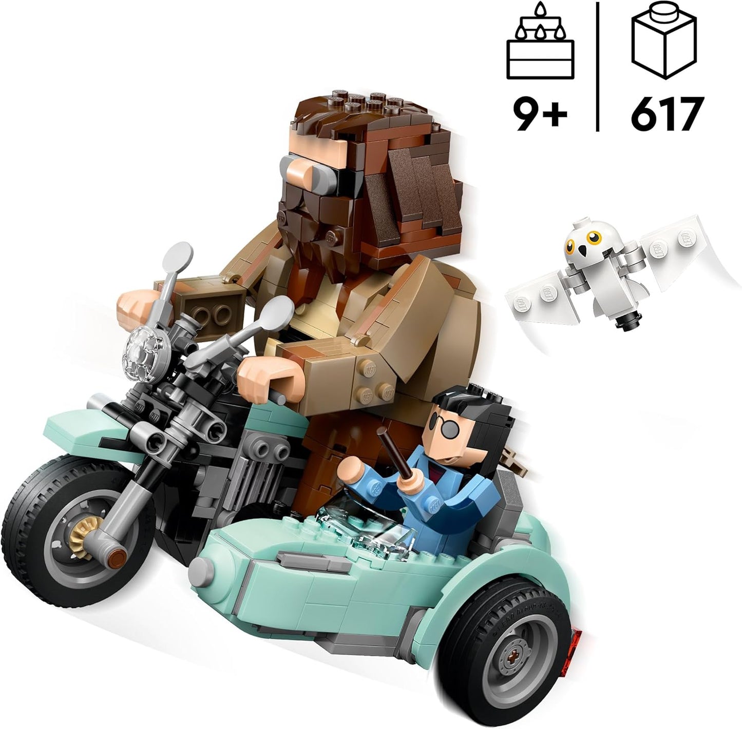 LEGO 76443 Harry Potter Hagrid e Harry's Motorcycle Ride, brinquedo de motocicleta móvel construído em tijolos com sidecar e figura de Edwiges, exibição de presente de aniversário para fãs do mundo mágico