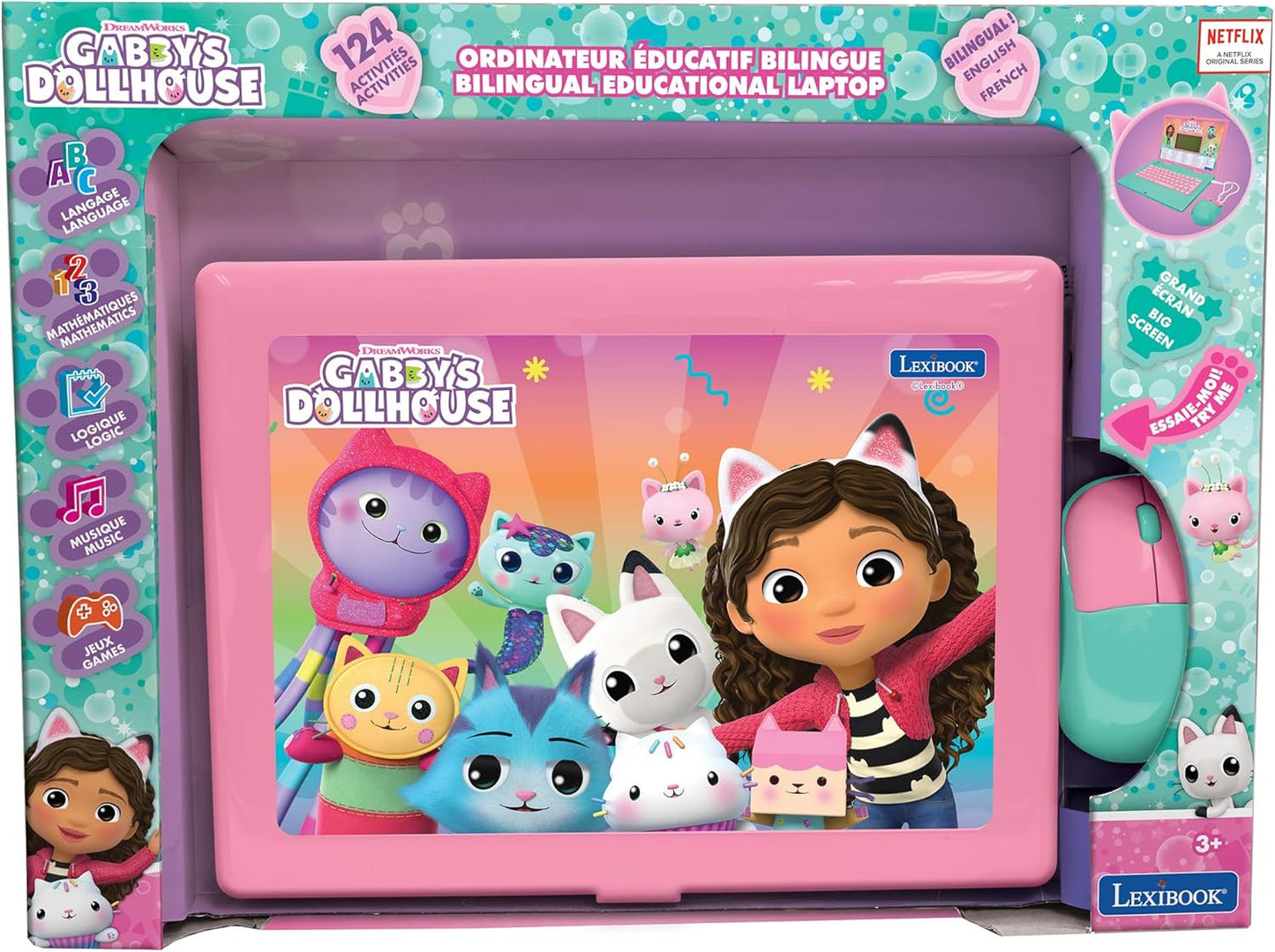 LEXIBOOK, Casa de Bonecas da Gabby, Computador educativo bilíngue INGLÊS/FRANCÊS, Brinquedo para crianças com 124 atividades e jogos de linguagem, escrita, matemática, lógica e música, Rosa/Azul, JC598GDHi1