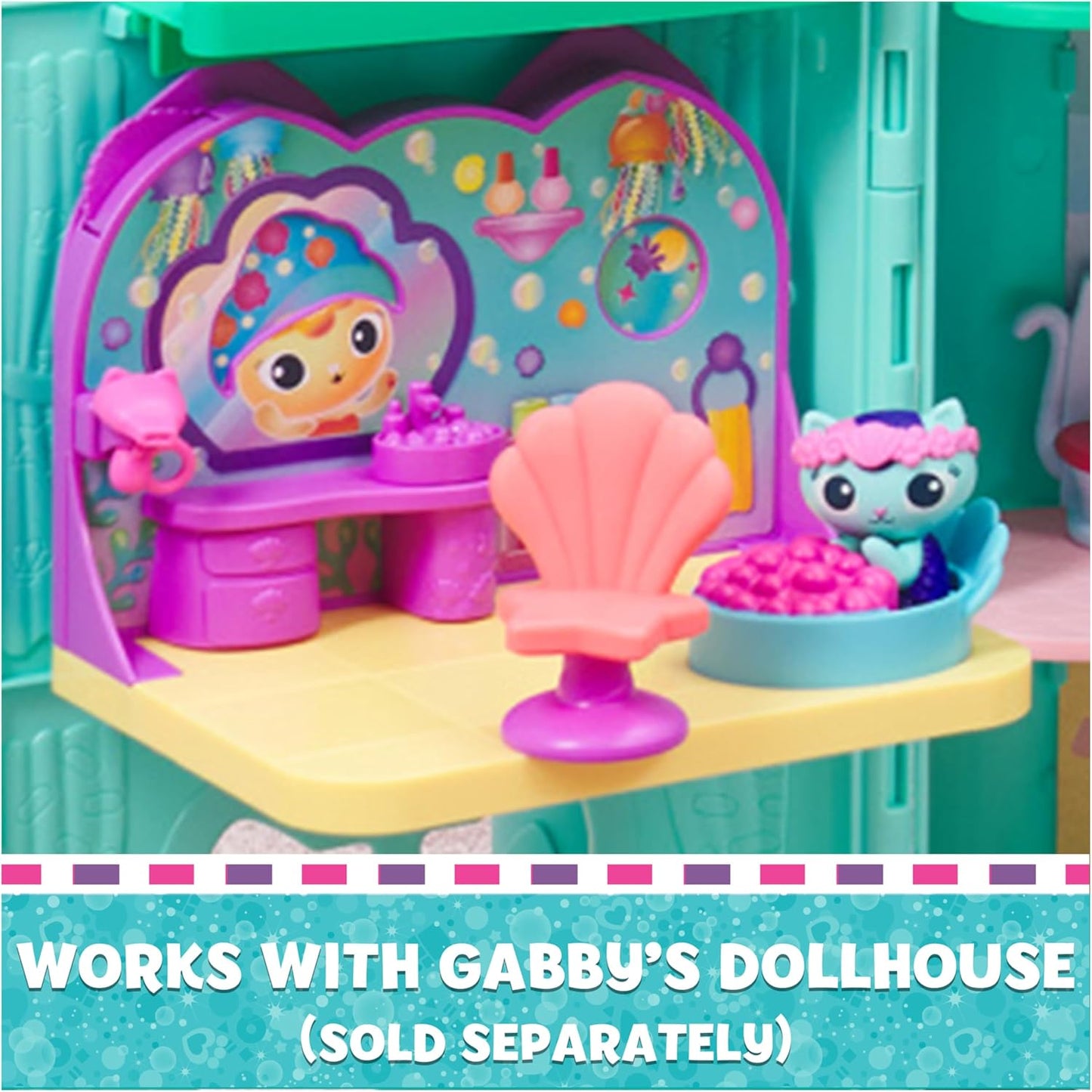 DreamWorks Gabby’s Dollhouse, Conjunto de Spa da MerCat, com figura da MerCat, brinquedos surpresa e mobília de casa de bonecas. Brinquedo infantil para meninas e meninos a partir de 3 anos.