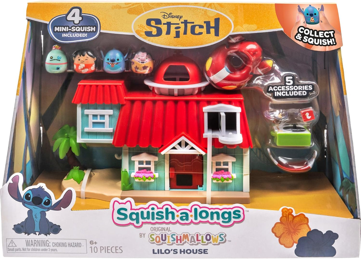 Squish-a-longs Conjunto de Brinquedo Casa da Lilo Disney Stitch inclui mini-Squish do Stitch, Jumba, Scrump e Lilo, além de acessórios