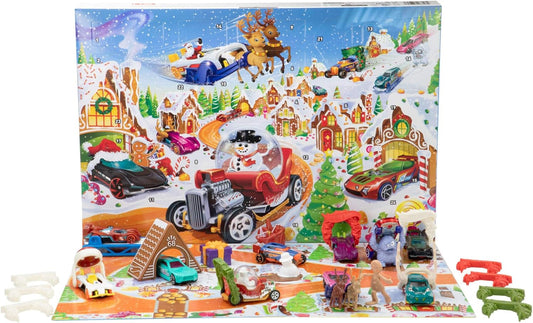 Conjunto de Carrinhos e Playset Hot Wheels, Calendário do Advento 2025 com 10 Veículos em Escala 1:64, 10 Clips para Enfeites e 14 Acessórios com Tema de Inverno, JCB47