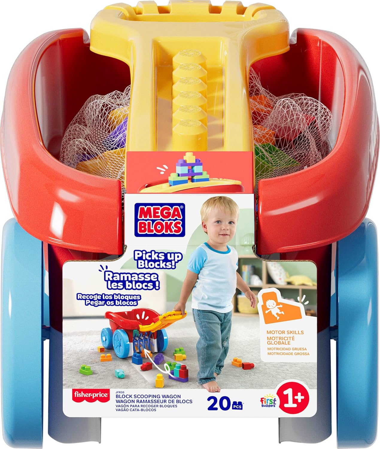 MEGA BLOKS First Builders Brinquedo de Construção para Crianças Pequenas, Carrinho de Reboque com 20 Peças e Compartimento de Armazenamento Integrado, Recolhe Blocos, Vermelho, Crianças a partir de 1 Ano, JFR30