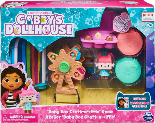Gabby’s Dollhouse, Sala Baby Box Craft-A-Riffic com figura de gato Baby Box, acessórios, entregas de móveis e casas de bonecas, brinquedos infantis para maiores de 3 anos